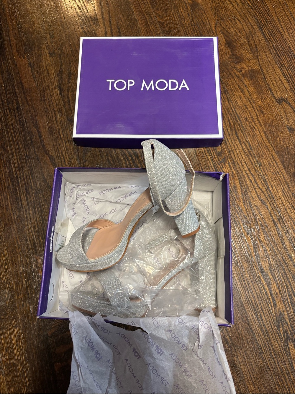 TOP Moda Silver Glitter Block Heel Sandals with Ankle Strap